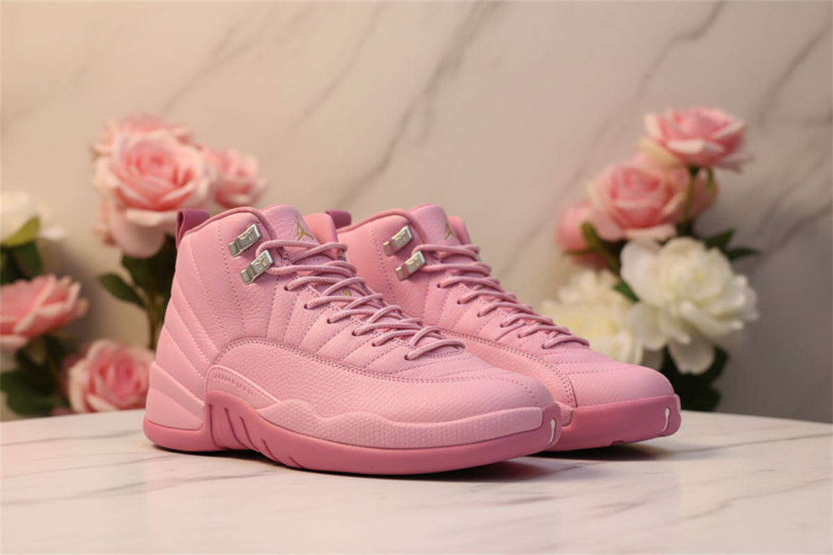 Air Jordan 12 Pink GS in chic fashion editorial setting