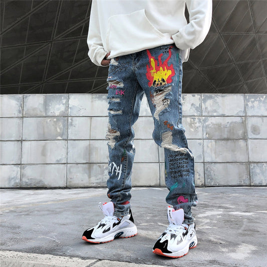 Hip Hop Streetwear Ripped Slim Fit Jeans Skinny Jeans Japan Graffiti Flame Skeleton Print Men Jogger Denim Pants-1