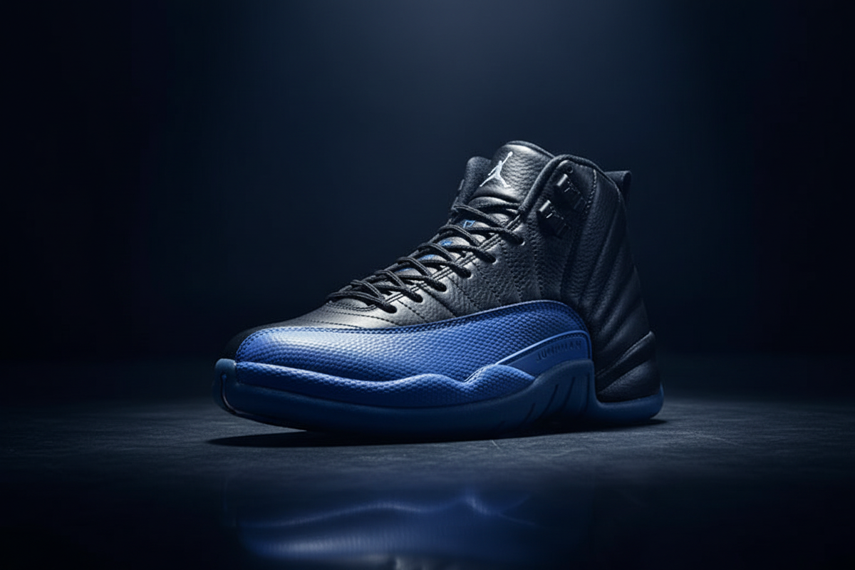 Air Jordan 12 Game Royal in bold editorial setting