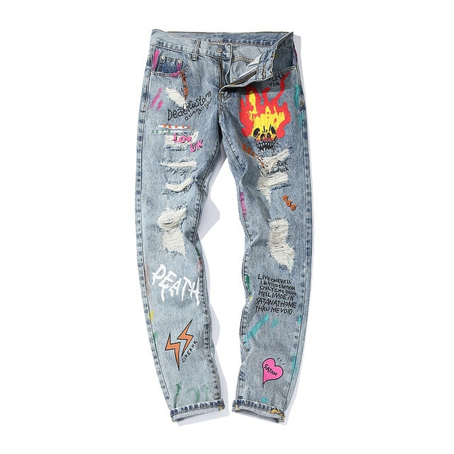 Hip Hop Streetwear Ripped Slim Fit Jeans Skinny Jeans Japan Graffiti Flame Skeleton Print Men Jogger Denim Pants-2