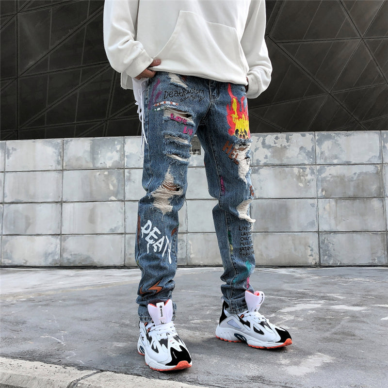 Hip Hop Streetwear Ripped Slim Fit Jeans Skinny Jeans Japan Graffiti Flame Skeleton Print Men Jogger Denim Pants-0