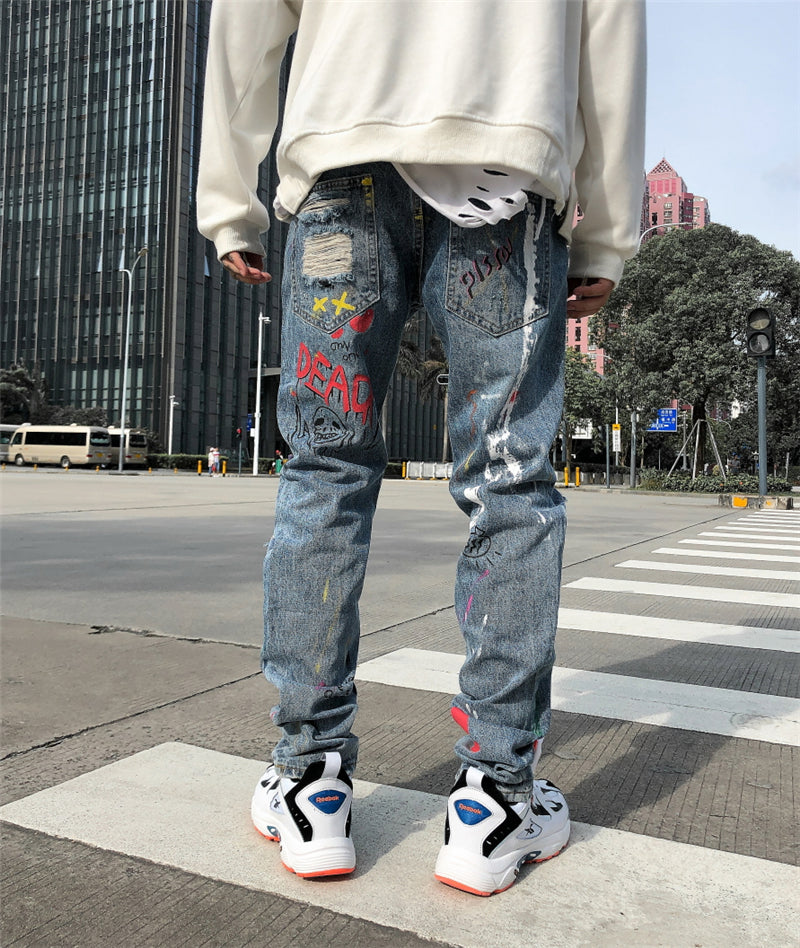Hip Hop Streetwear Ripped Slim Fit Jeans Skinny Jeans Japan Graffiti Flame Skeleton Print Men Jogger Denim Pants-3